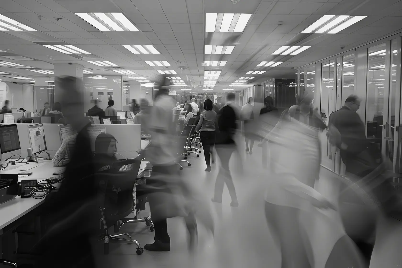 busy office hallway with workers walking blurred motion buzzing hum activity as workers come go from office copy