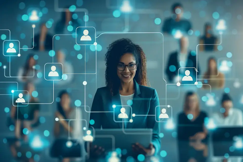 businesswoman connects with her team through digital network copy