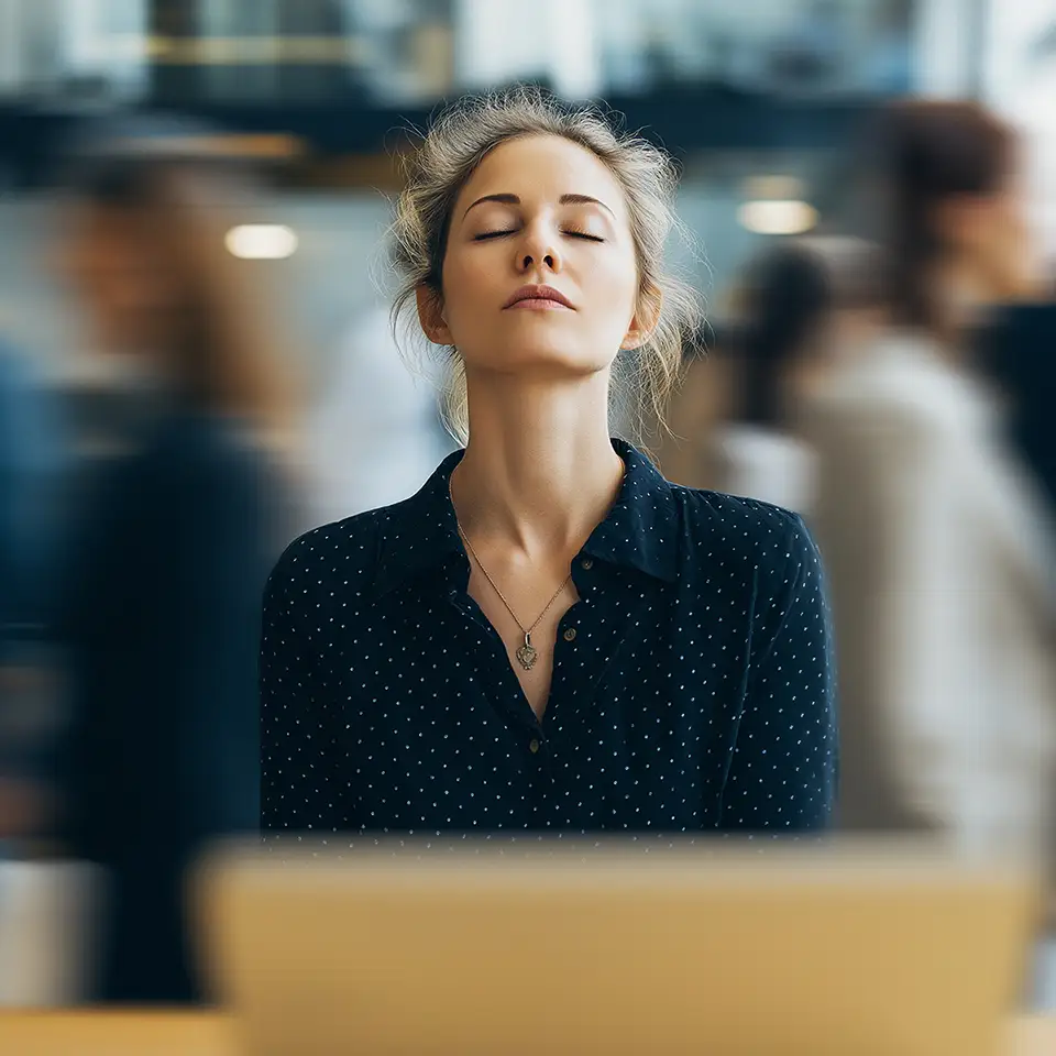 employee nicely decorated office with their eyes closed serene demeanor while individuals are blurred them flurry copy
